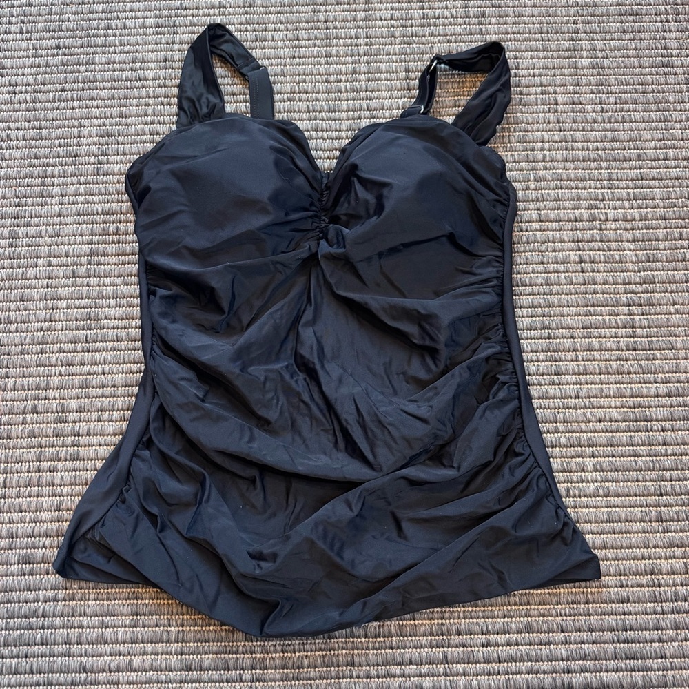 Black Ruched One-Piece Swim Tankini with Supportive Straps